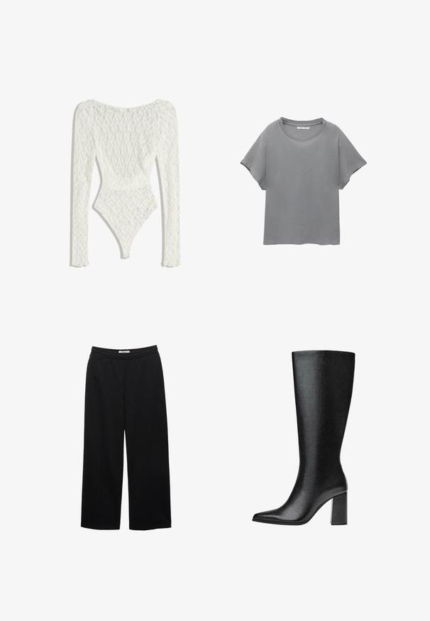 Bijela čipkana bodi s dugim rukavima, koji sadrži tkanu uzorak i nisku leđa, sužava se do visokog otvora za noge.; PULL&BEAR SHORT SLEEVE - Majica kratkih rukava s printom - grey; Crne hlače širokih nogavica s elastičnim pojasom, s glatkom teksturom i dva prednja nabora za dodatni detalj.; Crne čizme do koljena napravljene od umjetne kože s šiljastim vrhom, glatkom teksturom i debelom blok petom. Minimalistički dizajn bez vidljivih akcenata.
