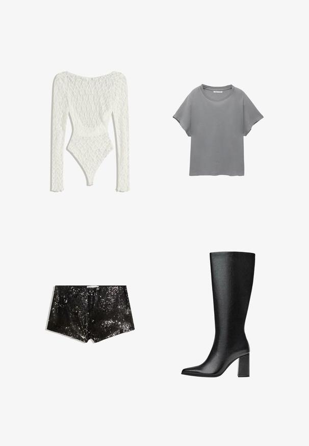 Bijela čipkana bodi s dugim rukavima, koji sadrži tkanu uzorak i nisku leđa, sužava se do visokog otvora za noge.; PULL&BEAR SHORT SLEEVE - Majica kratkih rukava s printom - grey; Crne šljokičaste kratke hlače s prilagođenim dizajnom. Sadrže sjajne šljokice, glatku teksturu i pojas za sigurno pristajanje.; Crne čizme do koljena napravljene od umjetne kože s šiljastim vrhom, glatkom teksturom i debelom blok petom. Minimalistički dizajn bez vidljivih akcenata.