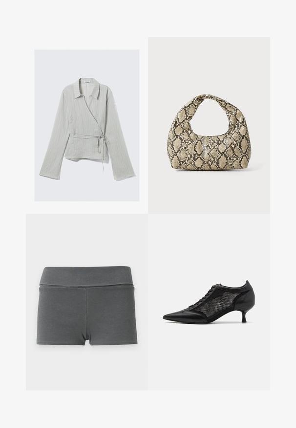 Camicia avvolgente grigia chiara con colletto, maniche lunghe, strisce sottili e dettaglio di vita annodato. Realizzata in un tessuto testurizzato.; Shorts in tessuto a coste grigio scuro con vita alta. Presentano un design aderente, una texture liscia e nessun hardware o decorazione visibile.; Scarpa nera a punta con un design a pannello di rete, dotata di un tacco basso e lacci frontali. Realizzata in una combinazione di pelle e materiale a rete.; Borsa a stampa rettile con manico curvo. Realizzata in materiali testurizzati beige e marroni, presenta un distintivo motivo a rombi.