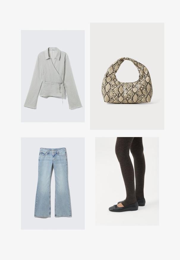 Světle šedá blůza s límečkem, dlouhými rukávy, jemnými pruhy a detailem vázání v pase. Vyrobena z texturované tkaniny.; Weekday NOVA - Džíny Slim Fit - lip blue; Černé ploché boty s malou mašlí na špičce, kombinované s tmavě hnědými žebrovanými punčochami. Boty mají hladký povrch a nízký profil.; Kabelka s hadím vzorem a zakřiveným držadlem. Vyrobena z texturovaných béžových a hnědých materiálů, s charakteristickým diamantovým vzorem.