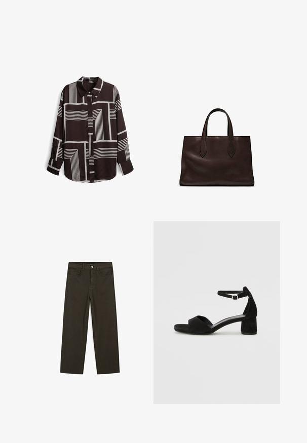 Camicia marrone a maniche lunghe con un motivo geometrico a righe bianche, design con collo e chiusura anteriore con bottoni. Tessuto liscio e leggero.; Jeans a gamba larga di colore verde scuro, realizzati in tessuto misto cotone, dotati di chiusura con bottone frontale, cinque tasche e cuciture classiche in denim.; Sandali con tacco in suede nero, con una sottile fascia alla caviglia, design open toe e un discreto tacco a blocco. Texture liscia e decorazioni minime.; Borsa a spalla in pelle marrone con due manici lunghi, forma rettangolare strutturata, texture liscia e dettagli di cucitura sottili.
