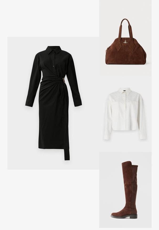 Zkrácená bílá košile s dlouhými rukávy, která na přední straně má jemný vzor loga a dvě náprsní kapsy. Hladká textura.; Černé midi košilové šaty s dlouhým rukávem, límečkem, předním zapínáním na knoflíky a asymetrickým páskem v oblasti pasu, který je na pravé straně zajištěn zlatou sponou.; Vysoká hnědá suede a textilní bota s nízkým černým podpatkem a zaoblenou špičkou, zobrazená z bočního pohledu na čistém bílém pozadí.; Hnědá semišová kabelka se strukturovaným tvarem, zaobleným tělem a prodlouženými úchyty ve tvaru diamantu. Obsahuje stříbrné kování na zavírání.