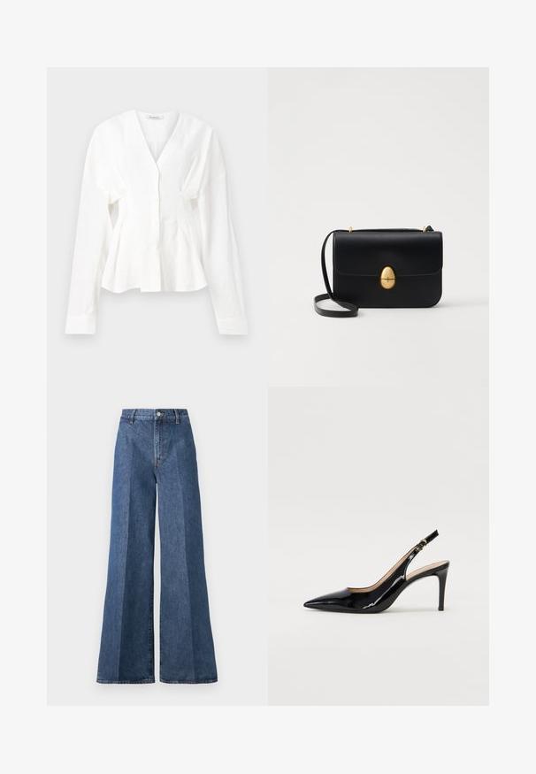 Weißes Langarmoberteil mit V-Ausschnitt, mit einer knöpfbaren Front und gerafften Seiten, aus leichtem Stoff mit glatter Textur.; Weite blaue Jeans mit hoher Taille, im klassischen Five-Pocket-Stil und mit Knopfverschluss, aus strukturierter Baumwollstoff gefertigt.; Schwarz lackierte Slingback-Pumps mit spitzem Zehenbereich, schlankem Absatz und einem subtilen Ausschnittdesign. Verfügt über eine goldene Schnalle am Riemen.; Schwarze Lederhandtasche mit strukturierter rechteckiger Form. Verfügt über einen goldenen ovalen Verschluss und einen dünnen Schulterriemen. Glatte Textur.