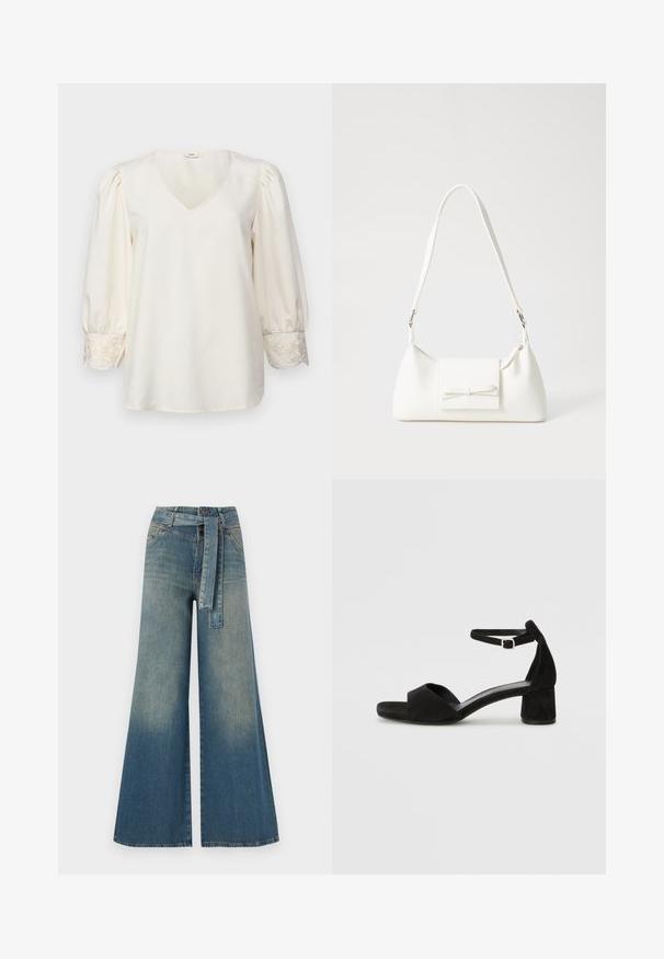 Bluzica kremaste barve z V-izrezom, napihnjenimi dolgimi rokavi in vezenimi detajli na manšetah. Gladek material z ohlapnim krojem.; Široke jeans hlače z gradientom od svetlo do temno modre, visokim pasom, zankami za pas in pasom iz istega materiala. Tekstura denim končnica.; Črne zamshe sandale na peto z tankim trakom okoli gležnja, odprto konico in zmerno blok peto. Gladka tekstura in minimalni detajli.; Bela sintetična torbica v obliki trikotnika, z ravnim sprednjim poklopcem in detajlom mašne, nastavljivim trakom, gladko teksturo in minimalističnim dizajnom.