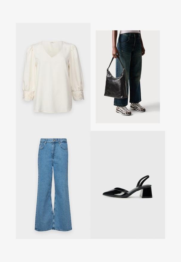 Crème-kleurige blouse met een V-hals, opbollende lange mouwen en geborduurde accenten bij de manchetten. Glad stof met een losse pasvorm.; Lichtblauwe flared jeans van denim, met een hoge taille, vijf zakken en een enkele knoopsluiting. Zachte textuur met een vervaagde afwerking.; Zwarte gepatineerde leren slingback hakken met een spitse neus en een geometrische blokhak. Kenmerkt zich door een slank, minimalistisch ontwerp en een gladde textuur.; Zwarte leren schoudertas met een gladde textuur en een verstelbare strap, gecombineerd met vervaagde wijde jeans en sportieve sneakers.