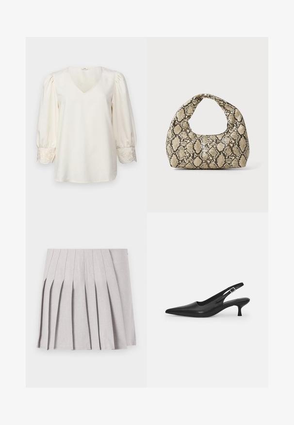 Kremfarget bluse med V-hals, puffede lange ermer og broderte detaljer ved mansjettene. Glatt stoff med løs passform.; Grå plissert skjørt med en glatt tekstur, med flere vertikale folder og en figursydd midje. Laget av lett stoff.; Svart lær slingback sko med spiss tå og smal, buet hæl. Har en diskret justerbar rem med en metallspenne.; Veske med slangeskinnmønster og krummet håndtak. Laget av teksturerte, beige og brune materialer, med et særegent diamantmønster.