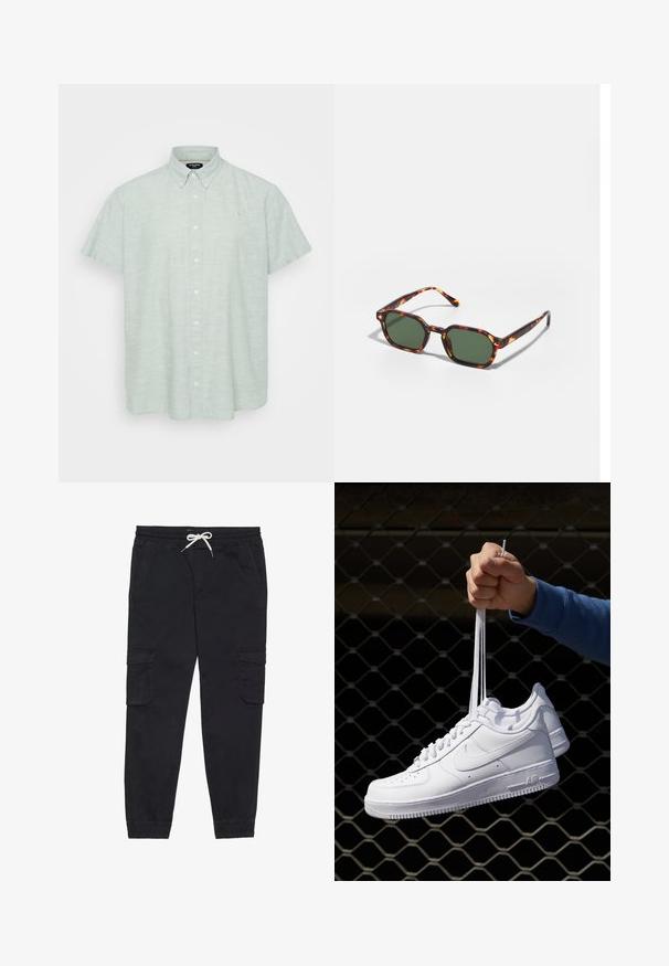 Cămașă scurtă cu mânecă, de culoare verde deschis, dintr-un material texturat. Dispune de un guler cu nasturi, închidere cu nasturi pe față și un mic emblema pe piept.; Pantaloni cargo negri din bumbac, cu un brâu elastic și șnur, buzunare laterale și manșete strâmte.; Adidași albaștri din piele cu perforații, vârf rotund, talpă plată și șireturi groase, cu un logo swoosh vizibil și cu inscripția "AIR" pe toc.; Ochelari de soare cu montură broască țestoasă și lentile verzi, având o formă octogonală și brațe subțiri, curbate. Materialul are o finisare lucioasă.