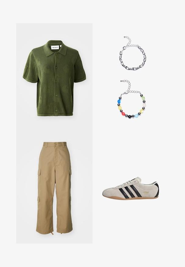 Grøn strikket polo t-shirt med korte ærmer, der har et struktureret mønster af store cirkler og knaplukning.; Beige cargo bukser med høj talje, brede ben og fire store sidelommer. Fremstillet af slidstærkt stof med en glat tekstur og minimal detaljering.; Suedesneakers med en grå overdel, sorte striber og en gummisål. Har snørelukning og en guldfarvet logo-detalje på siden.; Sølv kædearmbånd med forlængede led over. Nedenunder et farverigt perlearmbånd med sorte, blå, grønne, gule, røde og klare perler.