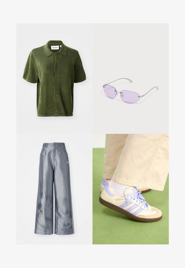 Polo shirt verde lavorato a maglia con maniche corte, caratterizzato da un pattern testurizzato di grandi cerchi e chiusura con bottoni.; Pantaloni a gamba larga in materiale grigio lucido, con strisce laterali bianche e un motivo a fiamma sulla parte inferiore delle gambe. Chiusura con bottone e zip in vita.; Sneakers crema e lavanda con tre strisce e suola marrone texturizzata, dotati di lacci e tallone imbottito. Parte superiore in tessuto morbido.; Occhiali da sole con lenti ovali viola, montatura in metallo e aste sottili. Naselli trasparenti e branding discreto sull'asta.