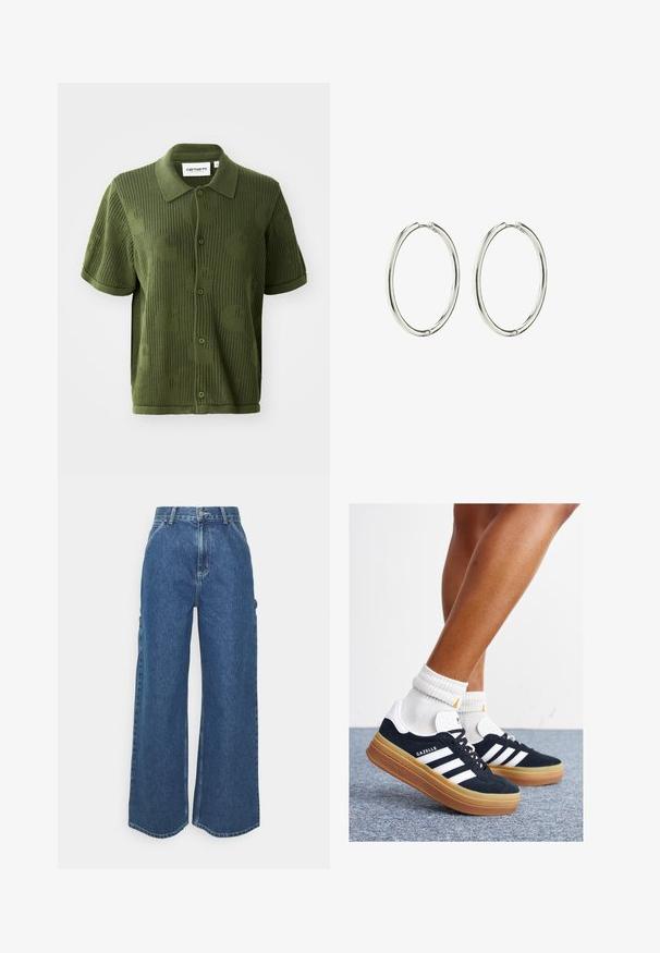 Grøn strikket polo t-shirt med korte ærmer, der har et struktureret mønster af store cirkler og knaplukning.; Bredde ben blå denimbukser med høj talje, kontrastsyede sømme og sidelommer, med et klassisk fem-lomme design og rå kanter.; Sorte sneakers i ruskind med hvide striber og detaljer, rundet tå, ydersål i gummi, kombineret med hvide ribstrikkede crew sokker.; Sølvøreringe med en glat, poleret overflade. Rund form, letvægtsdesign med en sikker låsemekanisme.