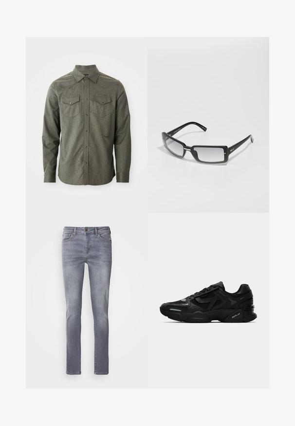 Zelena, dugih rukava, košulja na dugmad od teksturirane tkanine. Sadrži dva džepa na prsima i ovratnik s oštrim rubovima s detaljem od zapadnjačkog jastučića.; Svijetlosive traperice ravnog kroja, s pet džepova, zatvaranjem na mesingasti gumb i diskretnim izblijedjenjem na nogavicama.; Crne atletske tenisice s teksturiranim gornjim dijelom, reflektirajućim akcentima i podesivim potplatima. Imaju vezice i logo marke sa strane.; Crne pravokutne sunčane naočale s gradijentnim lećama, koje imaju debeli okvir i metalne detalje na ručkama. Cjelokupna površina je glatka.