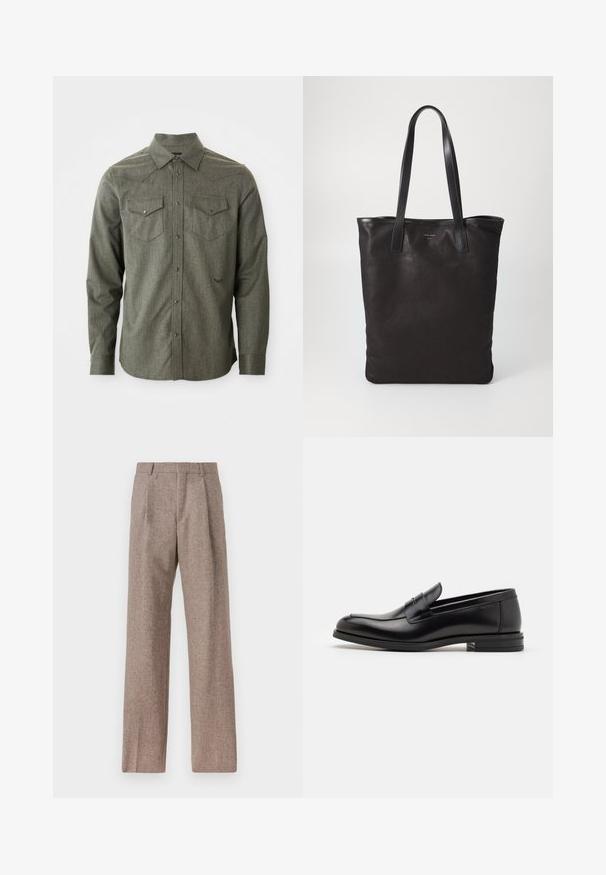Grünes, langärmliges Button-Up-Hemd aus strukturiertem Stoff. Verfügt über zwei Brusttaschen und einen spitzen Kragen mit westernmäßigen Yoke-Details.; Braune, hochtaillierte Hose aus strukturiertem Stoff. Mit weitem Bein und zwei vorderen Bügelfalten für zusätzliche Form. Saubere Verarbeitung ohne sichtbare Hardware.; Schwarze Lederloafers mit glatter Textur, rundem Zehenbereich und einem dekorativen Riemen über dem Vorderfuß. Niedriger, gestapelter Absatz, minimalistisches Design.; Schwarze Stofftote mit schwarzen Ledergriffen. Einfaches Design, geräumiger Körper und glatte Textur. Keine sichtbaren Logos oder Muster.