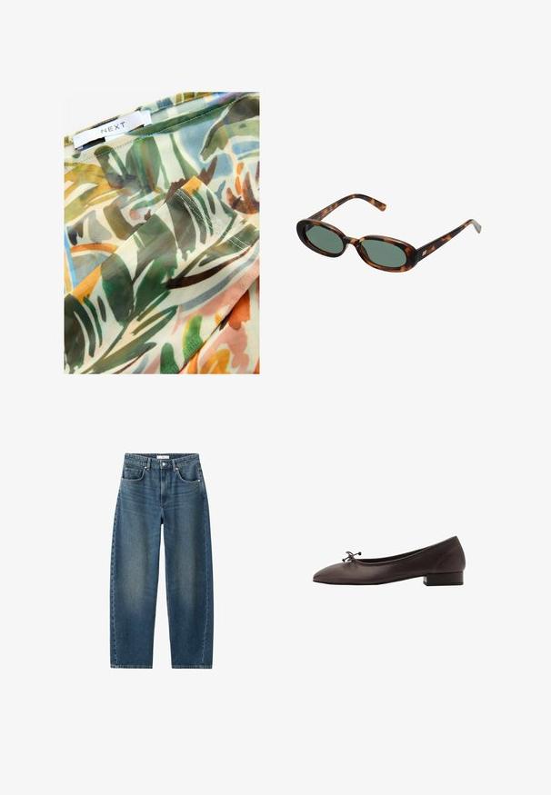 Sheer fabric with a colorful, abstract botanical pattern featuring greens, browns, and yellows, stitched edges, and a label reading "NEXT."; Dark blue denim jeans with a straight leg, five-pocket design, and a classic button closure. Soft texture with subtle fading.; Brown leather ballet flat with a rounded toe and small block heel. Features a thin bow at the front and subtle stitching details.; Tortoiseshell sunglasses with oval frames and green lenses. Features thin arms with a metallic accent near the hinges.; Even&Odd Tote bag - black
