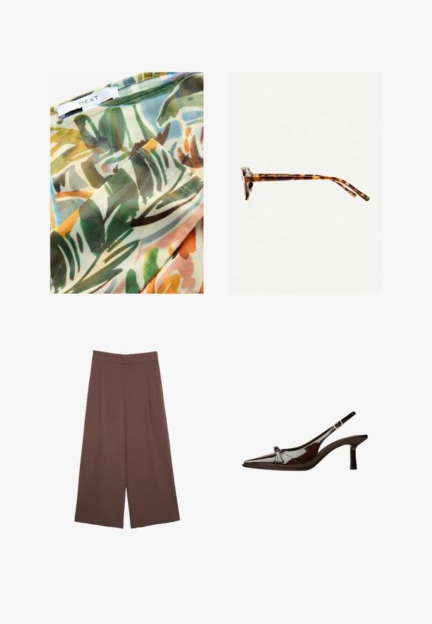 Tissu transparent avec un motif botanique abstrait coloré comprenant des verts, des bruns et des jaunes, bords surpiqués, et une étiquette indiquant "NEXT".; Pantalons larges marron avec une texture lisse, dotés d'une taille haute et de plis à l'avant. Le tissu est léger et tombe de manière fluide.; Chaussure slingback en cuir verni marron avec un bout pointu, un petit talon et un accent de nœud décoratif à l'avant. Texture lisse et brillante.; Lunettes de soleil écaille de tortue avec une monture épaisse, des branches légèrement courbées et une texture lisse. Présente un design classique avec une finition brillante.
