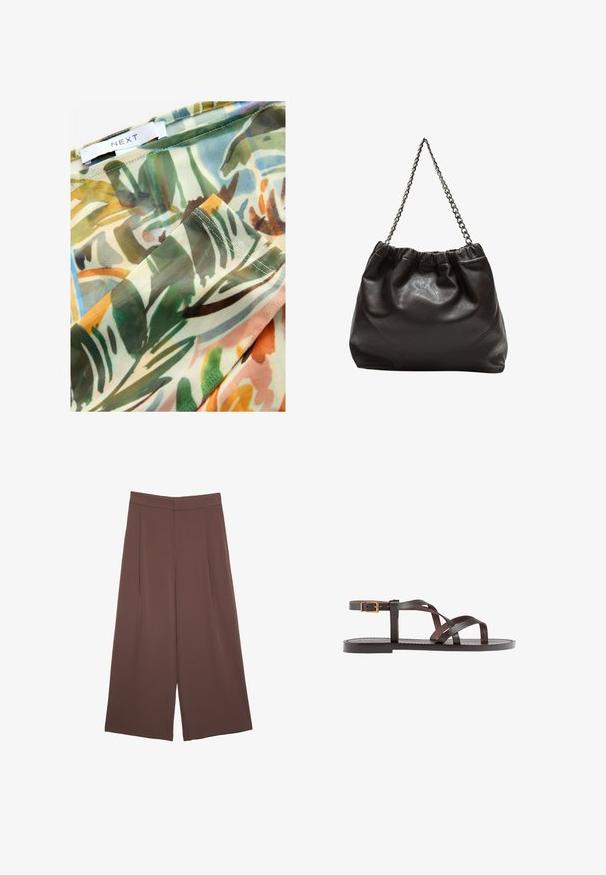 Sheer fabric with a colorful, abstract botanical pattern featuring greens, browns, and yellows, stitched edges, and a label reading "NEXT."; Brown wide-leg trousers with a smooth texture, featuring a high waist and front pleats. The fabric is lightweight and flows loosely.; Brown leather sandal featuring crisscross straps, an ankle buckle closure, and a flat sole with minimal stitching details.; Brown leather bag with a gathered top and a chain strap. Smooth texture with a glossy finish and subtle seam detailing on the sides.