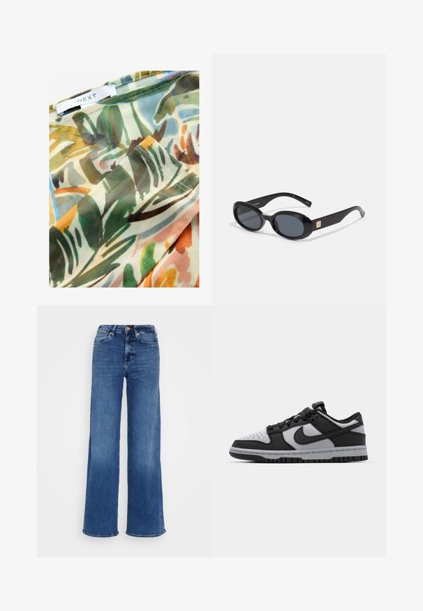 Durchscheinender Stoff mit einem bunten, abstrakten botanischen Muster in Grün, Braun und Gelb, mit genähten Kanten und einem Etikett mit der Aufschrift "NEXT."; Himmelblaue hochtaillierte Denim-Jeans mit weitem Bein, Knopf- und Reißverschluss sowie Vorder- und Gesäßtaschen, auf einem schlichten hellgrauen Hintergrund.; Schwarze und graue Nike Dunk Low-Top-Sneaker mit perforierter Zehenpartie, glatten Lederakzenten und Gummisohle mit strukturiertem Profil.; Schwarze ovale Sonnenbrillen mit dunklen Gläsern, glänzendem Kunststoffrahmen, breiten Bügeln und einem kleinen goldenen Akzent auf einer Seite.