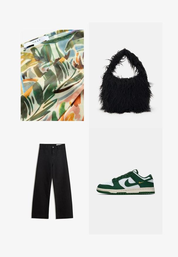Transparante stof met een kleurrijk, abstract botanisch patroon in groen, bruin en geel, met gestikte randen en een label waarop "NEXT" staat.; Zwarte denim broek met wijde pijpen en een hoge taille, voorzien van voor- en achterzakken, gestikte naden en een knoopsluiting. Gladde textuur.; Lage Nike sneaker in wit en donkergroen suede met bijpassende groene swoosh en een klein geel accent van een swoosh aan de zijkant.; Even&Odd Shopper - black