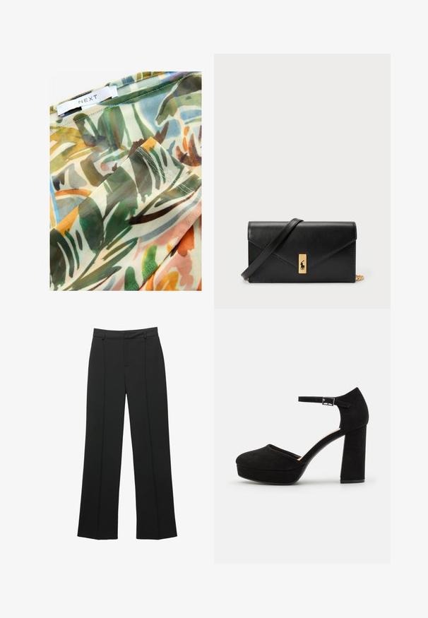 Prosojna tkanina z barvitim, abstraktnim botaničnim vzorcem, ki vključuje zelene, rjave in rumene odtenke, z obšitimi robovi in oznako "NEXT."; Črne široke hlače visokega pasu z zankami za pas in sprednjim šivom, prikazane na beli podlagi.; Črne semiš platform škornje z debelim blokastim peto, zaobljenim nosom in gležnjico, ki jo drži kovinska zaponka. Gladka tekstura po celotni površini.; Črna usnjena denarnica s prepognjenim pokrovom, zlato okovje, ki vključuje poudarek z logotipom. Vključuje odstranjljivo naramnico za nošenje.