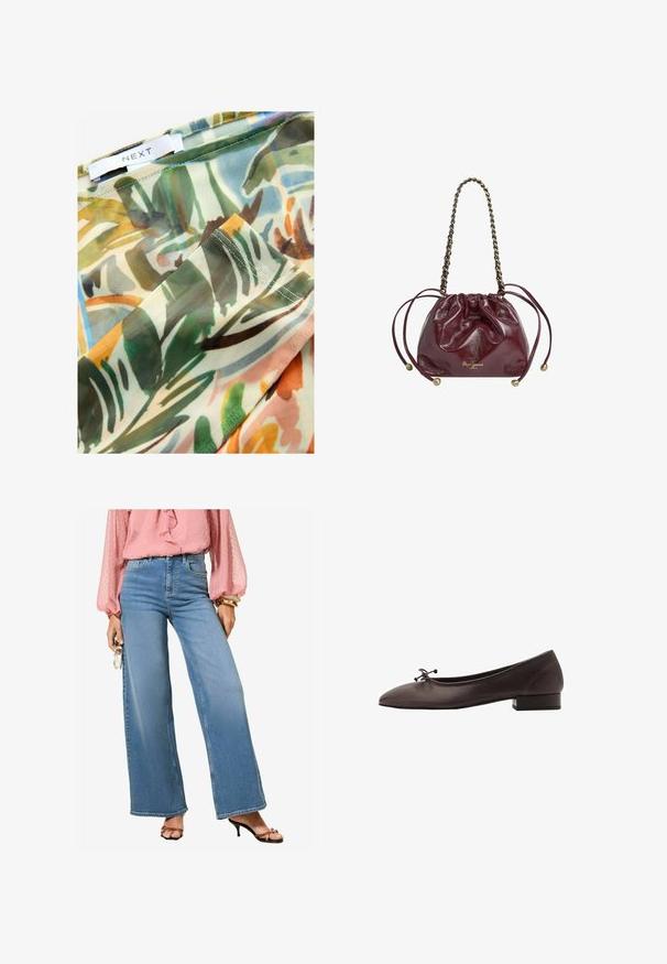 Priesvitná látka s farebným, abstraktným botanickým vzorom obsahujúcim odtiene zelenej, hnedej a žltej, so šitými okrajmi a štítkom s nápisom "NEXT."; Svetlo modré vysoko pásované široké nohavice z denimu s klasickým povrchom. Skombinované s ružovou blúzkou s volánikmi a čiernymi sandálmi na vysokom opätku.; Hnedé kožené baletky s zaoblenou špičkou a malým blokovým podpätkom. Obsahujú tenkú mašľu vpredu a jemné švy.; Bordová kožená taška na šnúrku s retiazkou, s zhromaždeným vrchom, metalickými prvkami a detailom loga na spodnej strane. Hladký, lesklý povrch.