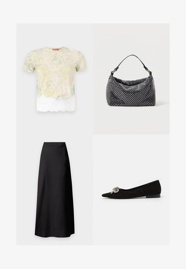 Tričko s krátkym rukávom s jemne zeleným kvetinovým vzorom, priesvitná horná vrstva so zúbkovaným lemom a pevná biela podvrstva. Viditeľná červená logo nášivka.; Čierna saténová maxi sukňa s hladkou textúrou, vysokým pásom, splývavou siluetou a bez viditeľných vzorov alebo kovových detailov.; Čierne nubukové baleríny s špicatou špičkou, ozdobené dekoratívnou striebornou mašľou vpredu, s nízkym opätkom.; Čierna a strieborná kabelka s tkaným, textúrovaným povrchom, ktorý má štvorcové vzory, s jedným horným uchom a uvoľneným dizajnom.