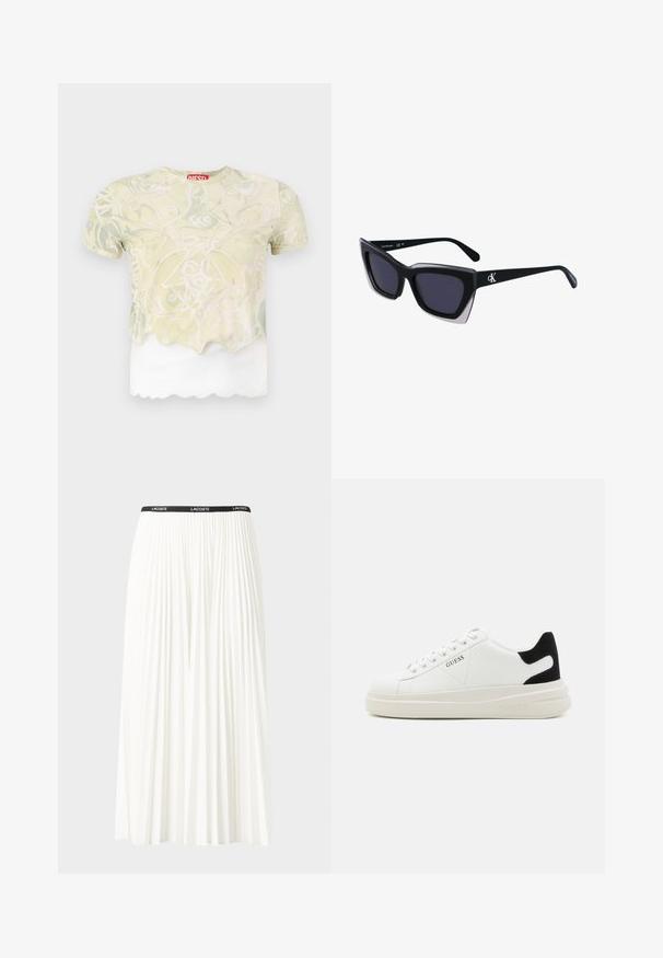 Camicia a maniche corte con un motivo floreale verde chiaro, strato superiore trasparente con orlo scallop e strato inferiore bianco solido. Etichetta con logo rossa visibile.; Gonna bianca plissettata con elastico nero in vita che presenta il logo "LACOSTE". Design di lunghezza media con texture morbida.; Sneaker bianchi in pelle con suola spessa bianca, accento in suede nero sul tallone e logo impresso sul lato. Design con lacci e sei fori per i lacci.; Occhiali da sole oversize neri dalla forma geometrica, con lenti scure e un dettaglio grigio a contrasto sulla montatura. Logo sul braccio.