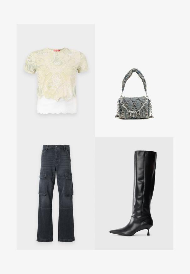 Koszula z krótkim rękawem z jasnobrązowym wzorem kwiatowym, przezroczystą górną warstwą z falistym dołem oraz białą dolną warstwą. Widoczna czerwona metka z logo.; Ciemnoszare spodnie cargo z denimu, z dwiema bocznymi kieszeniami i szerokimi nogawkami. Szwy i krawędzie wykończone stębnowaniem.; Czarne skórzane kozaki sięgające do kolana z ostrym noskiem i smukłym, zakrzywionym obcasem. Gładka tekstura, dopasowany krój i brak widocznych elementów ozdobnych lub wzorów.; Dżinsowa torebka z pikowanym wzorem, w kolorze niebieskim, z krótkim plecionym uchwytem i srebrnym łańcuszkiem z metalowym napisem marki.