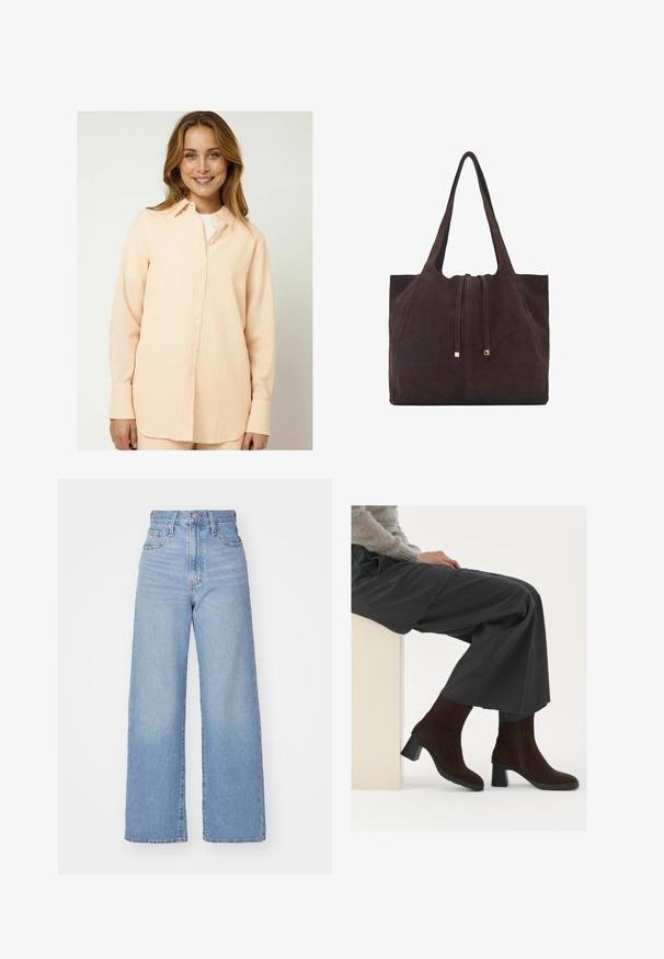 Moves ELASSU - Overhemdblouse - tangerine; Lichtblauwe high-waist wijde jeans met een knoop- en ritssluiting aan de voorkant, voor- en achterzakken, op een witte achtergrond.; Bruine suède enkellaarsjes met een blokhak en een rits aan de zijkant, gecombineerd met losse grijze broek, zittend tegen een lichtgekleurde voetstuk.; Mango Shopper - dark brown