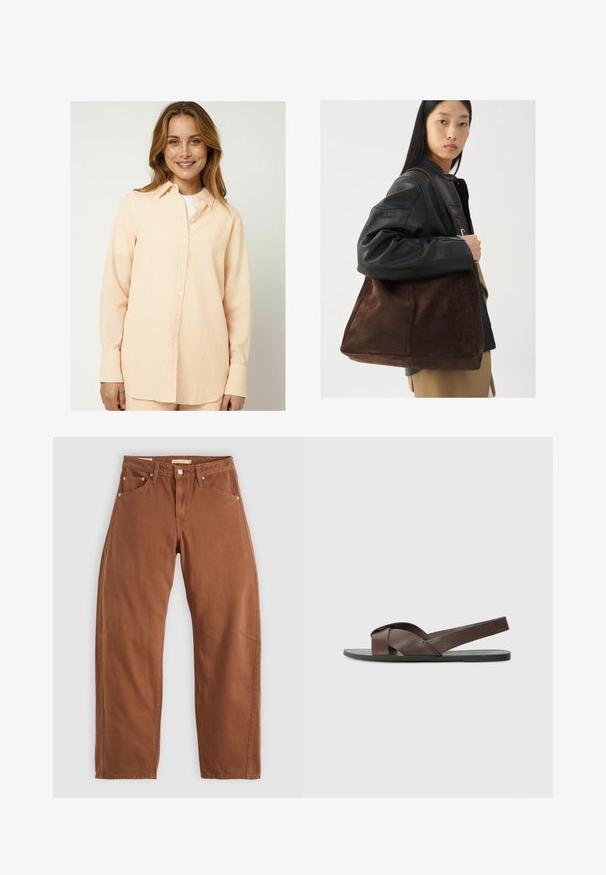 Moves ELASSU pomarańczowy; Rude brązowe dżinsy o prostym kroju z kieszeniami z przodu i z tyłu, metalowymi nitami, zapięciem na guzik i pętlami na pasek, leżące płasko na białym tle.; Brązowe skórzane sandały z krzyżowym paskiem, płaską czarną podeszwą oraz regulowanym tylnym paskiem. Gładka faktura i minimalna ilość detali metalowych.; Brązowa zamszowa torba typu tote o szerokim kształcie i miękkiej teksturze, z pojedynczym uchwytem i minimalnym wykończeniem na neutralnym tle.