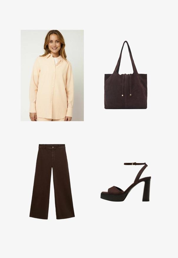 Moves ELASSU - Bluza s gumbima - tangerine; Smeđe široke hlače od pamuka, s raspucanim rubom, prednjim kopčanjem na dugme i klasičnim dizajnom s pet džepova. Minimalističke i svestrane.; Smeđe zamšaste sandale s visokim potpeticama, otvorenim prstima, podesivom trakicom oko gležnja i prugastom platformom.; Mango Velika torba - dark brown