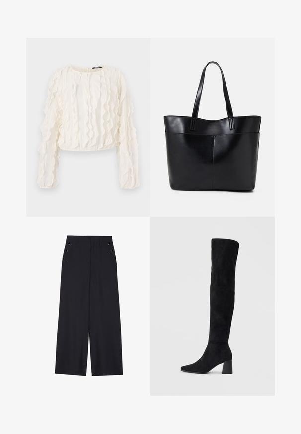 White cropped long-sleeve blouse with textured vertical stripes and ruffled details. Keyhole back closure. Soft fabric.; Wide-leg trousers in dark navy fabric, featuring a smooth texture, front pleats, and decorative gold-tone eyelets on the side pockets.; Black suede knee-high boot with block heel, pointed toe, and smooth, seamless design on a plain light background.; Black leather tote bag with two long handles, a smooth texture, and a structured shape. Features a front pocket for additional storage.