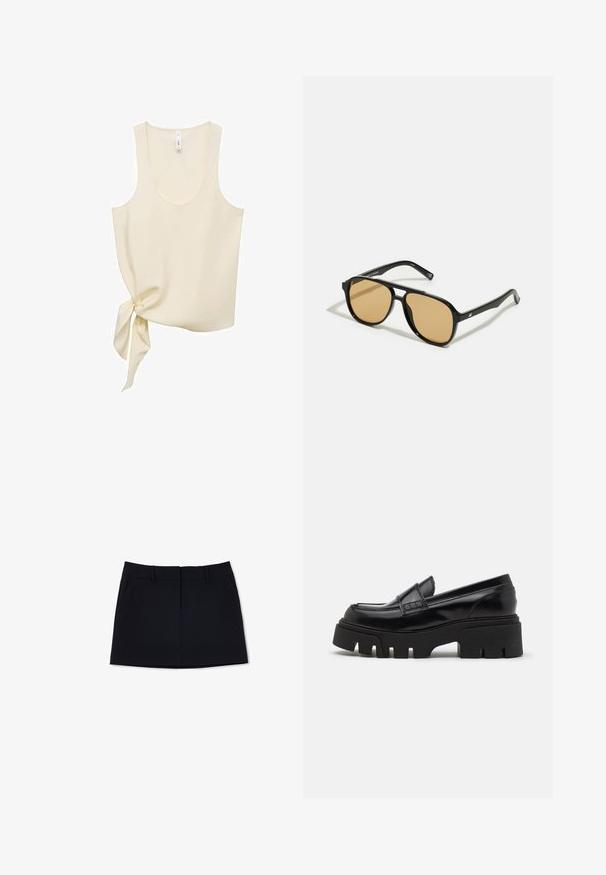 Krämfärgad linne med slät tyg, som har en rundad halsringning och en sidoknytning för en asymmetrisk design.; Svart mini kjol med en figurnära design, som har två sidofickor och en detalj med söm fram. Tillverkad av ett mjukt, lätt tyg.; Svarta lädermokasiner med en kraftig strukturerad plattformsoffel och ett dekorativt band över ovandelen. Slät, glänsande yta.; Svarta solglasögon med bruna tonade linser; rektangulär form med en tjock ram, inklusive subtila detaljer av metall vid glasögonbågarna.; Brun vävd kuvertväska med en texturerad finish, detalj i guldton och dekorativa nitar längs kanterna. Har en kedjestrap.