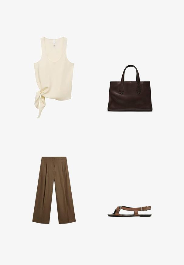 Cremfarbener Tanktop aus glattem Stoff, mit einem runden Halsausschnitt und einem seitlichen Bindedetail für ein asymmetrisches Design.; Weite Hosen in einem einfarbigen Braun, aus einem weichen Stoff mit glatter Textur gefertigt. Mit Vorderfalten und einem taillierten Bund.; Braune Leder-Sandale mit offener Zehenpartie und seitlichen Ausschnitten. Sie verfügt über einen Knöchelriemen mit einer metallischen Schnalle und eine flache Sohle.; Braune Ledertasche mit zwei langen Griffen, strukturierte rechteckige Form, glatte Textur und dezente Nähdetails.