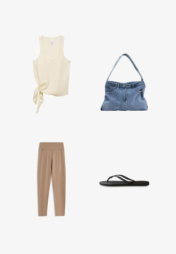 Un top fără mâneca de culoare crem, dintr-un material neted, cu un decolteu rotund și un detaliu cu legare pe lateral pentru un design asimetric.; Leggings bej cu talie înaltă, realizate dintr-un material neted și elastic. Prezintă o croială ajustată și nu au elemente hardware vizibile sau modele.; Încălțăminte tip flip-flop neagră cu o talpă din cauciuc texturat, două bretele subțiri și un detaliu discret, embosat cu logo pe bretea.; Geantă din denim cu un umăr curb, două buzunare frontale și un capac cu nasture, având un material de culoare albastră deschisă și detalii contrastante de cusătură.