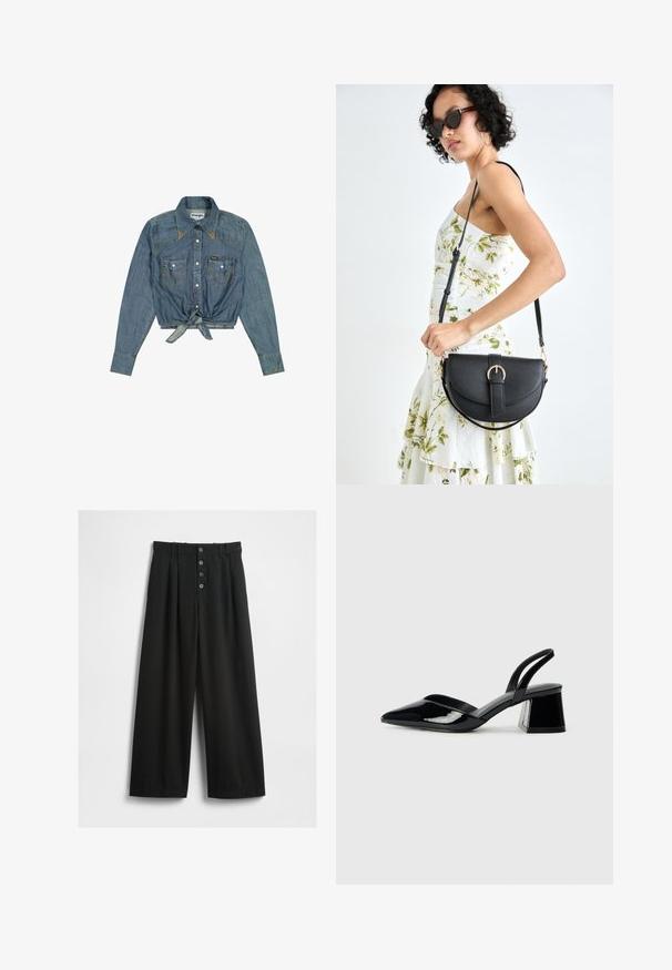 Krátka denimová košeľa s dlhými rukávmi, svetlomodrej farby, s predným zapínaním na gombíky, golierom, dvoma náprsnými vreckami a uzlom v prednej časti. Viditeľná značka Wrangler.; Široké čierne nohavice vyrobené z textúrovaného materiálu. Majú vysoký pás, predné zapínanie na päť gombíkov a prešla skladané, ktoré pridávajú na detailoch.; Čierne lakované kožené sandálové podpätky s špicatou špičkou a geometrickým blokovým podpätkom. Disponujú elegantným, minimalistickým dizajnom a hladkým povrchom.; Čierna kožená kabelka s zaobleným tvarom, odnímateľným popruhom a zlatými doplnkami. Kabelka má klopu s detailom s prackou.