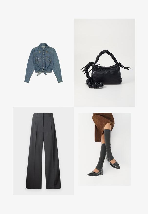 Camisa de mezclilla recortada con mangas largas, color azul claro, con botones en la parte delantera, cuello, dos bolsillos en el pecho y detalle de nudo en la parte delantera. Etiqueta de Wrangler visible.; Pantalones de pierna ancha en tejido gris oscuro, con una cintura alta, pliegues simples y una textura suave con un acabado limpio en los dobladillos.; Zapatos de charol negros con punta afilada, tacón bloque y tira de tobillo, combinados con calentadores de piernas de canalé grises y una falda de ante marrón.; Bolso de mano de imitación cuero negro con textura de cocodrilo, parte superior fruncida y correa arrugada. Presenta un diseño suave y compacto.
