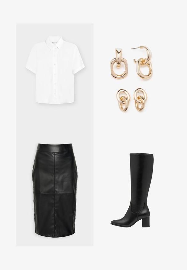 Fehér, rövid ujjú blúz könnyű anyagból, gombos elülső résszel, klasszikus gallérral és rövidített szabással.; Fekete bőrszoknya sima textúrával, magas derékkal és varrott varrásokkal, amelyek visszafogott, strukturált formát alakítanak ki.; Fekete, térd fölé érő csizmák sima bőrből. Keskeny orral, blokk sarkúval és rugalmas oldalsó panelekkel rendelkeznek a könnyebb felhúzás érdekében.; Aranyszínű fülbevalók, amelyek geometriai formák keverékét tartalmazzák: négyzet, kör és összekapcsolt ovális minták, fényes felülettel.