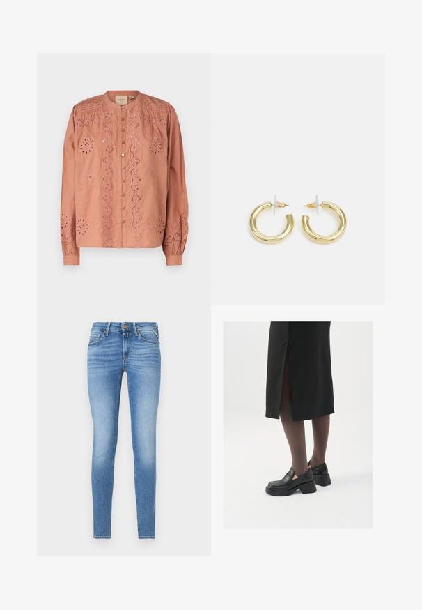 Rozā blūze ar sarežģītu izšuvumu ziedu motīvos, ar pogu priekšpusi un savelktām piedurknēm. Izgatavota no viegla auduma.; Pelēks krekls ar V veida kakla izgriezumu un garām piedurknēm, ar melnu punktiņu apakšu un apkakli, izgatavots no mīksta auduma.; Šauri gaismis zili džinsi ar vidēju jostas augstumu, priekšējo pogu un piecu kabatu dizainu.; Melni ādas apavi ar noapaļotu purngalu, biezām bloku papēžiem un elastīgiem sānu akcentiem, apvienoti ar tumšām zeķubiksēm un melnu svārku ar šķirbu.; Zelta auskari ar gludu, spīdīgu apdari. Apaļš dizains, kas ietver mazu tapu un caurspīdīgu pamatni drošai valkāšanai.