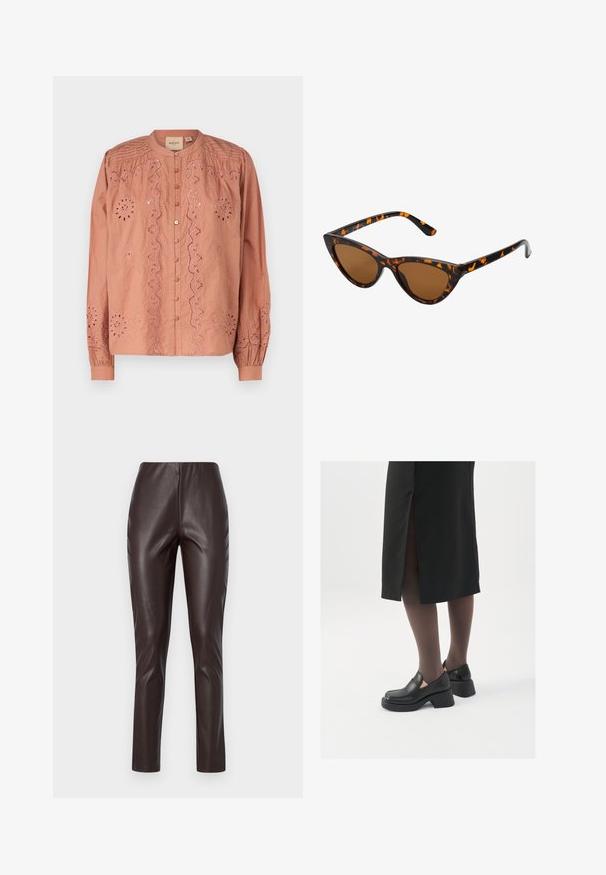 Blusa color rosa con ricami intricati a motivo floreale, abbottonatura frontale e maniche arricciate. Realizzata in tessuto leggero.; Leggings in finta pelle marrone con una texture liscia, vita alta e vestibilità slim. Presentano un design elegante senza cuciture visibili o decorazioni.; Scarpe in pelle nera con punta arrotondata, tacco spesso a blocco e accenti laterali in elastico, abbinate a collant scuri e una gonna nera con uno spacco.; Occhiali da sole cat-eye con una montatura tartarugata nera e arancione, lenti marroni e punte affusolate e eleganti. Presentano un logo minimale sulla asta.