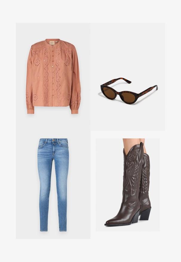 Rožinė bliuskutė su sudėtingu gėlių raštu siuvinėjimu, mygtukų priekyje ir surinktomis rankovėmis. Pagaminta iš lengvo audinio.; Lieknas, šviesiai mėlynas džinsinis kelnes, vidutinio aukščio juosmuo, priekinis mygtukas ir penkių kišenių dizainas.; Rudos odinės kaubojaus batai su smailiu priekiu ir blokuotu kulnu, pasižymintys detaliu siuvinėjimu ir iškiliais akcentais ant ašies.; Rudos tortoiseshell saulės akinius su vintage katės akies forma ir rudais objektyvais. Ypatybės - lenkti petnešos su raudonomis akcentais.; Aukso auskarai su lygiu, blizgiu paviršiumi. Apvalus dizainas su maža užrakto dalimi ir skaidria atrama saugiam nešiojimui.