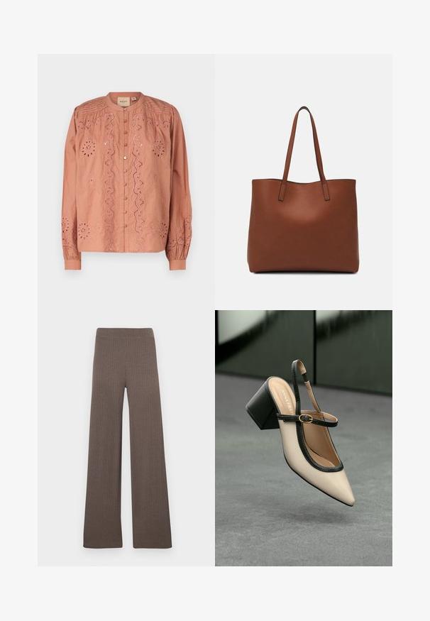 Blusa de color rosa con bordados intrincados de diseños florales, con botones al frente y mangas fruncidas. Fabricada con un tejido ligero.; Pantalones acampanados con canalé en color marrón oscuro, con cintura elástica y una tela suave y texturizada.; Zapato slingback de punta beige con ribete negro, hebilla dorada y un tacón cuadrado grueso sobre un suelo gris con fondo verde oscuro.; Bolso tote de cuero marrón con una textura suave, diseño de apertura superior y dos correas para el hombro. Presenta una costura mínima y sin herrajes visibles.