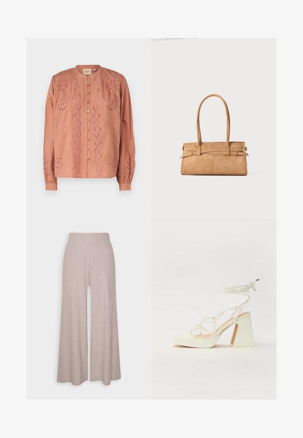 Rose-colored blouse featuring intricate embroidery with floral designs, a button front, and gathered sleeves. Made from lightweight fabric.; Light grey wide-leg trousers made of soft, ribbed fabric, featuring a high waistband and full-length legs with subtle texture.; White high-heeled sandal with a chunky heel, featuring a strappy design and ankle tie. Smooth texture with a platform front for added height.; Tan suede handbag with two long handles, rectangular shape, and decorative stitching. Features a side strap and subtle gold hardware accents.
