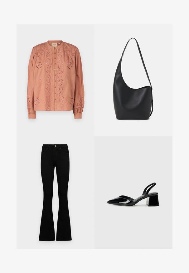 Rosa Bluse mit aufwendiger Stickerei in Blumenmuster, Knopfleiste und gerafften Ärmeln. Hergestellt aus leichtem Stoff.; Schwarze hochtaillierte Jeans mit einem Knopf- und Reißverschluss, Fronttaschen und ausgestellten Beinen, flach auf einem weißen Hintergrund ausgelegt.; Schwarze Lackleder-Slingback-High Heels mit spitzem Schuh und einem geometrischen Blockabsatz. Verfügt über ein schlankes, minimalistisches Design und eine glatte Textur.; Schwarze Leder-Hobo-Tasche mit einer glatten Textur, geschwungener Form und einem einzelnen verstellbaren Tragegurt; verfügt über eine weite Öffnung am oberen Ende.