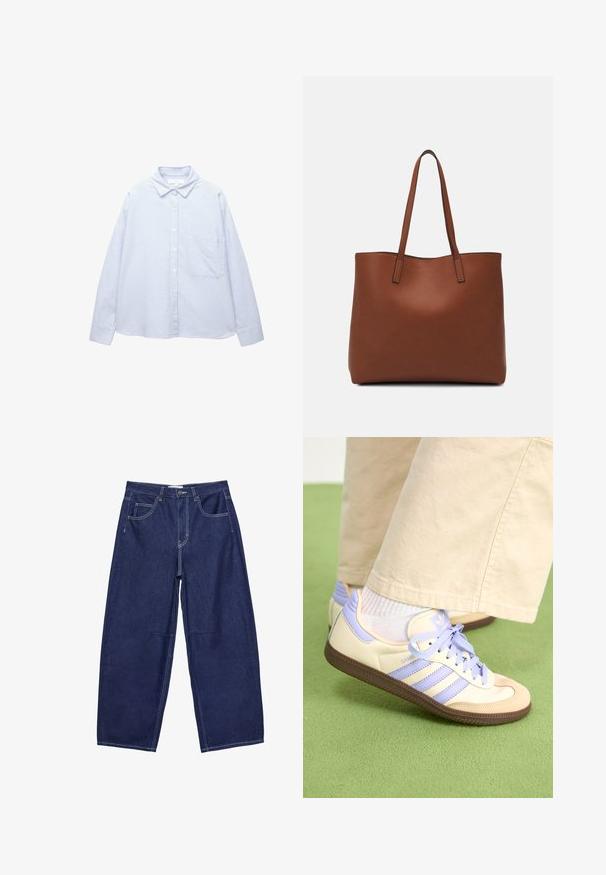 Camicia a maniche lunghe azzurro chiaro e bianca a righe verticali, con colletto e taschino sul petto.; Pantaloni a gamba larga in denim blu scuro con vita alta, cinque tasche e cuciture bianche a contrasto. Texture liscia, design classico.; Sneakers crema e lavanda con tre strisce e suola marrone texturizzata, dotati di lacci e tallone imbottito. Parte superiore in tessuto morbido.; Borsa tote in pelle marrone con texture liscia, design con apertura superiore e due spallacci. Presenta cuciture minime e nessun hardware visibile.