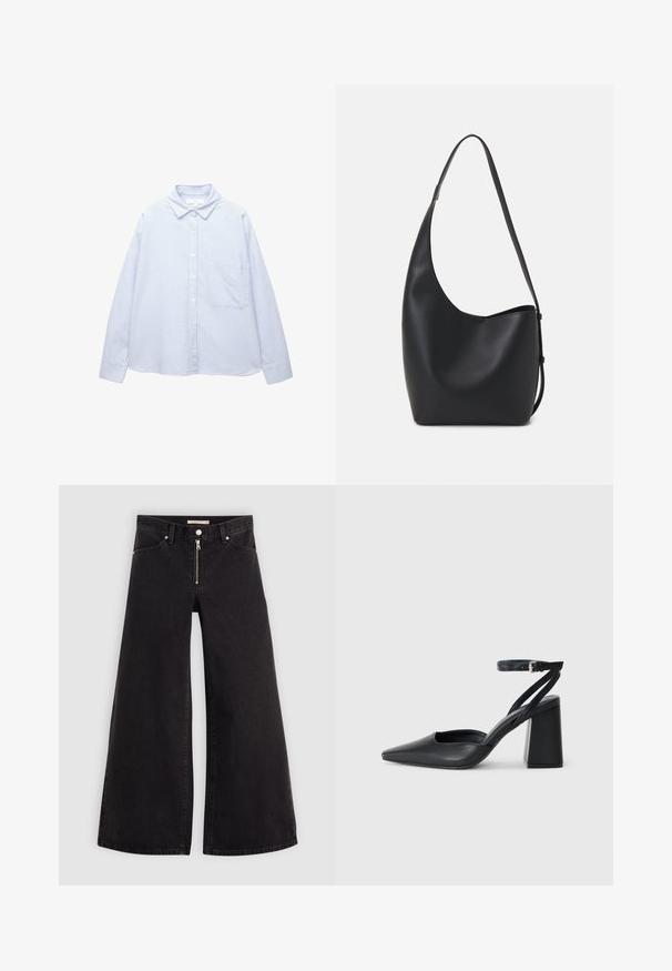 Svetlomodrá a biela vertikálne pruhovaná košeľa s dlhým rukávom, zapínaním na gombíky, s golierom a vreckom na hrudi.; Dlhé nohavice vo voľnom strihu z čierneho denimu so zipsom vpredu, päť vrecúškovým dizajnom a jemnými stehovými detailmi. Hladká textúra a neformálny štýl.; Čierne kožené lodičky s špicatou špičkou a členkovým remienkom, s masívnym podpätkom. Hladký povrch, elegantný dizajn a minimalistická estetika.; Čierna kožená hobo taška so hladkou textúrou, zakriveným tvarom a jedným nastaviteľným popruhom; má široké otvorenie na vrchu.
