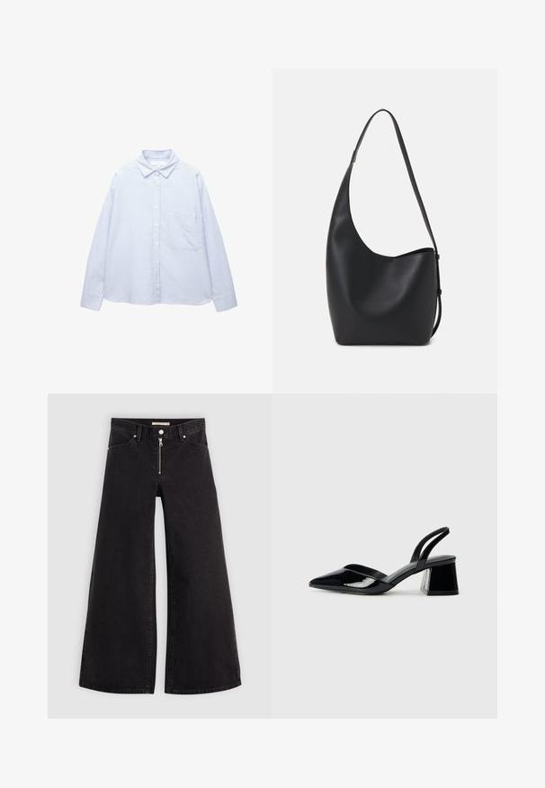 Lyseblå og hvid lodret stribet langærmet skjorte med krave og brystlomme.; Vide ben jeans i sort denim med lynlås foran, fem lomme-design og subtile stikninger. Glat tekstur og afslappet stil.; Sorte patentlæder slingback hæle med spids tå og en geometrisk blok hæl. Har et elegant, minimalistisk design og en glat tekstur.; Sort læder hobo taske med en glat overflade, buet form og en enkelt justerbar rem; har en bred åbning øverst.