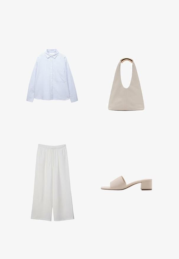 Hellblau-weißer, vertikal gestreifter, langärmeliger Button-up-Hemd mit Kragen und Brusttasche.; Weiße, weit geschnittene Hosen aus leichtem Stoff, mit einem elastischen Bund und einem Zugband für eine verstellbare Passform. Glatte Textur.; Beige Blockabsatzsandale mit breitem Riemen und offenem Zeh. Glattes Material und elegantes Design. Kurzer, stabiler Absatz für mehr Stabilität.; Hellgraue Lederhandtasche mit einem U-förmigen Design und einem geschwungenen, metallischen Griff. Glatte Textur mit minimalen Nähten und ohne sichtbare Muster.
