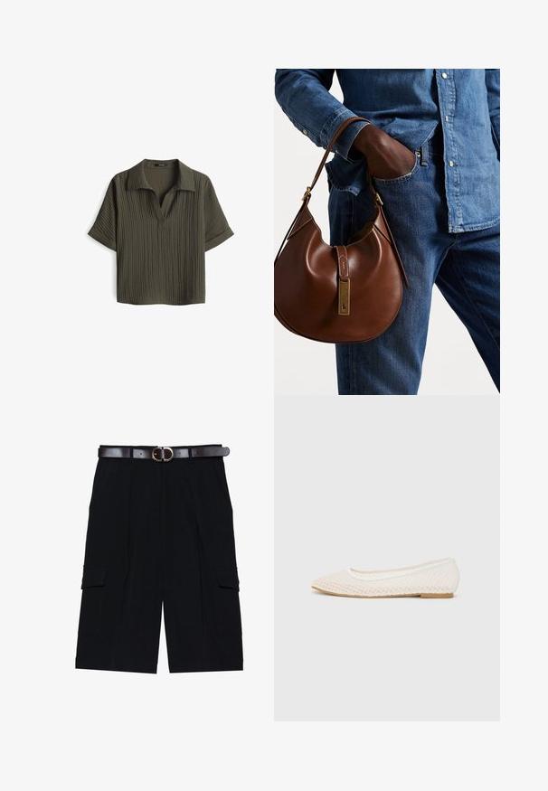 Korte mouwen, geknoopte blouse in donkergroen met een gestructureerde, ribbelstof. Heeft een v-hals en opgerolde mouwen voor een ontspannen pasvorm.; Zwarte cargokortingen gemaakt van lichtgewicht stof, met een rechte snit, zijzakken en een leren riem in bruin met een zilveren gesp.; Witte platte schoen met een mesh-design, een spitse neus en een lage, platte zool. Getextureerde bovenkant met een soepele voering en subtiele contrasterende afwerking.; Bruine leren hobo tas met een rondvorm, voorzien van een gouden hardwareaccent en contrasterende stiksels. Gecombineerd met een denim shirt en jeans.