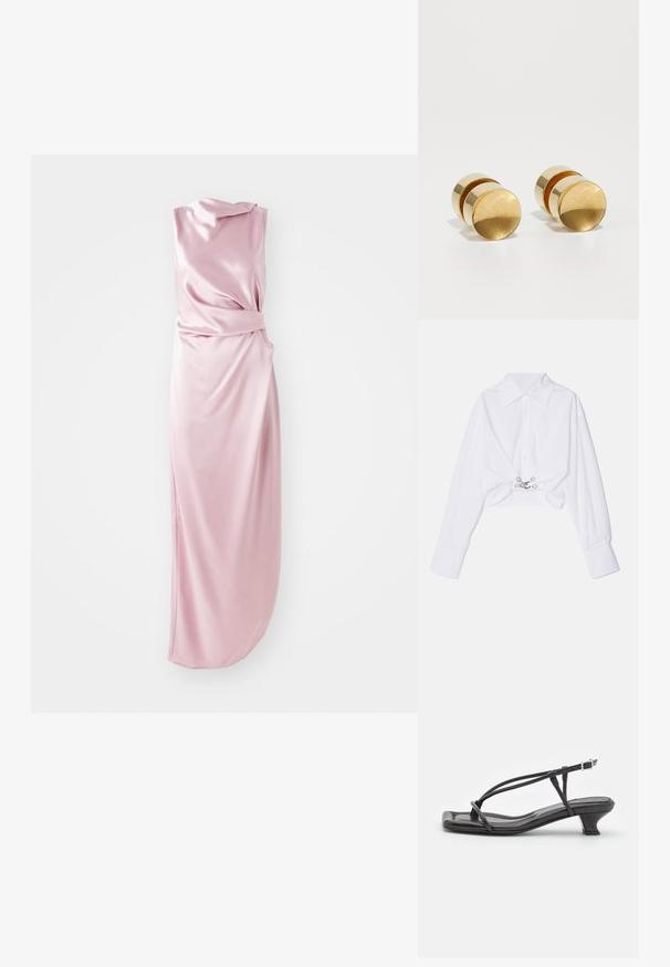 Bela skrajšana srajca z dolgimi rokavi, s sponko na gumbe, klasičnim ovratnikom in srebrno strojno dodatno opremo na sredini. Gladka tekstura tkanine.; Satenast roza obleka z drapirano zasnovo, ki ima vozličasto podrobnost na pasu in stranski razporek za dodatno gibanje. Gladka tekstura.; Črne usnjene sandale s tankimi trakovi, nizko blok peto in kvadratnim nosom. Značilnosti vključujejo sponko in gladko teksturo.; Zlate kovinske uhane preproste okrogle oblike, z gladko površino in osrednjim poliranim pasom. Mere približno 1 cm v premeru.