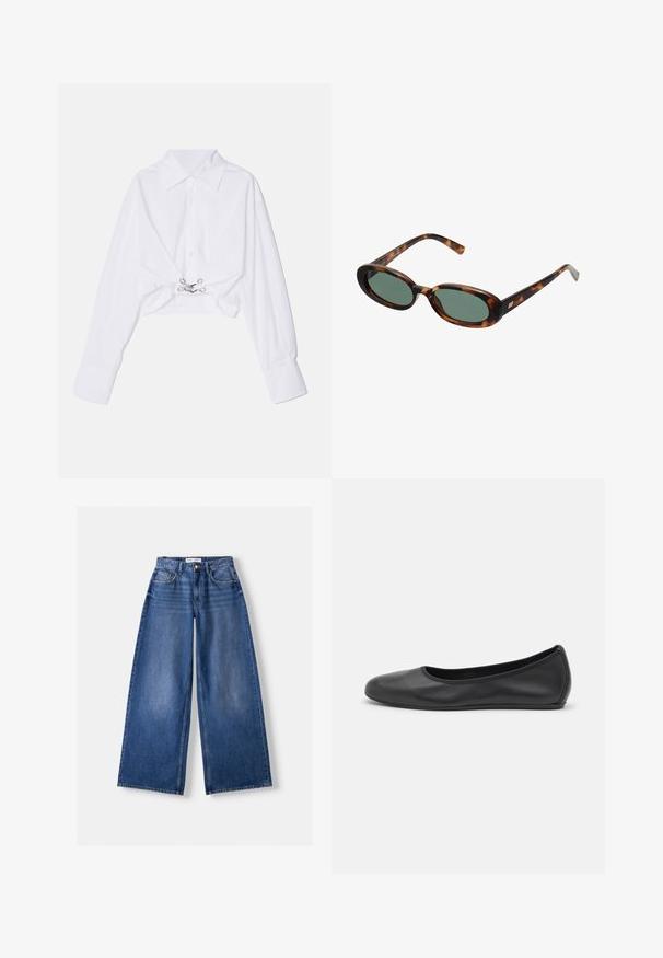 White cropped shirt with long sleeves, button closure, classic collar, and a silver hardware accent in the center. Smooth fabric texture.; Bershka WIDE-LEG - Wide Leg - dark blue; Black leather ballet flat with a rounded toe, smooth texture, minimal stitching detail, and a flexible sole design.; Tortoiseshell sunglasses with oval frames and green lenses. Features thin arms with a metallic accent near the hinges.; Black handbag made of textured leather with a rounded shape. Features a thin shoulder strap and decorative embossed patterns.