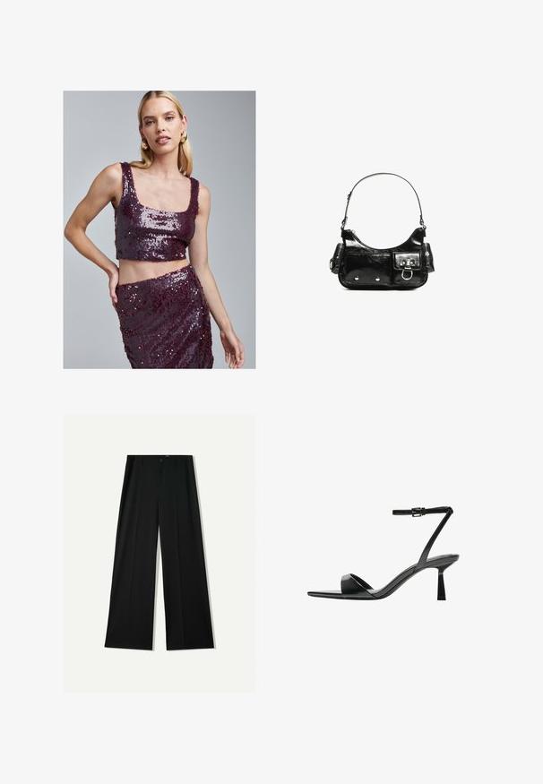Burgundy sequin crop top with a square neckline and matching skirt, featuring a smooth texture and shimmering surface across both pieces.; Bershka WIDE - Trousers - black; Bershka High heeled sandals - black; Black patent leather handbag with a curved shape, one shoulder strap, front pockets, and silver-tone hardware accents.